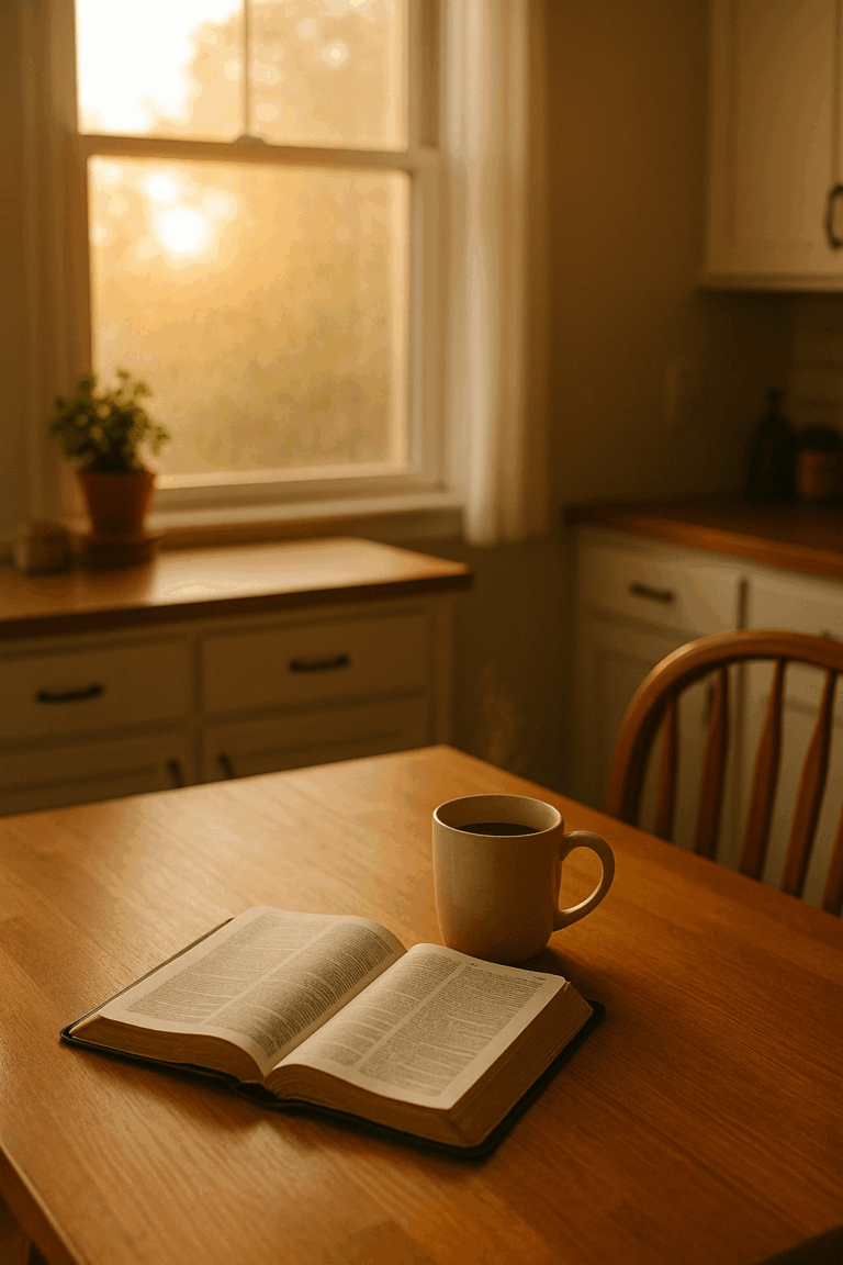 Open Bible and coffee cup on a wooden table in a sunlit kitchen, symbolizing quiet morning devotion and everyday faith